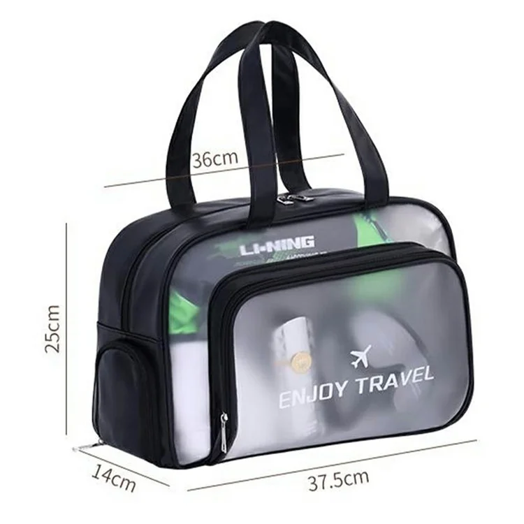9015 PU Leather+PVC Dual Layer Travel Fitness Swimming Gym Bag Waterproof Toiletry Bag with Shoe Compartment - Black