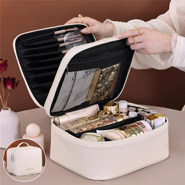 8084 Portable Double Layer Makeup Organizer Large Capacity Travel Toiletry Bag Cosmetic Brush Storage Handbag - White