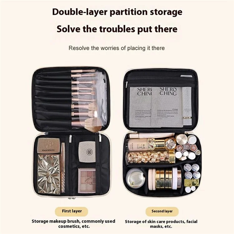 8084 Portable Double Layer Makeup Organizer Large Capacity Travel Toiletry Bag Cosmetic Brush Storage Handbag - White