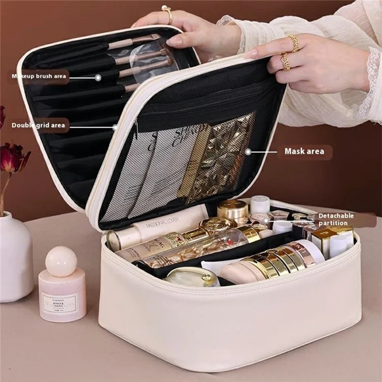 8084 Portable Double Layer Makeup Organizer Large Capacity Travel Toiletry Bag Cosmetic Brush Storage Handbag - White