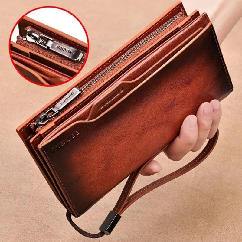 BANYANU N2043 Genuine Cow Leather Wallet RFID Blocking Vintage Cash Purse - Brown