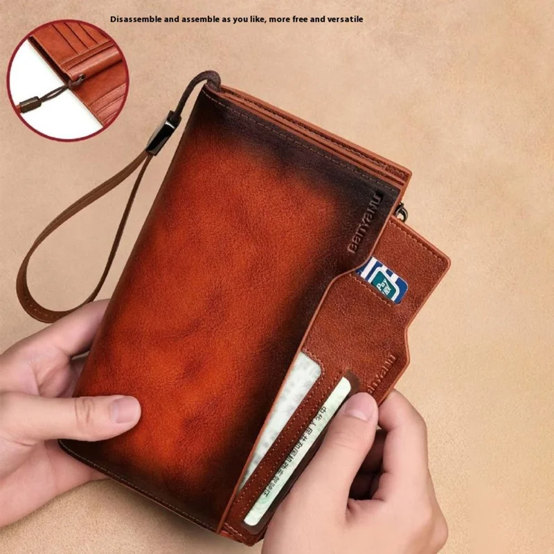 BANYANU N2043 Genuine Cow Leather Wallet RFID Blocking Vintage Cash Purse - Brown
