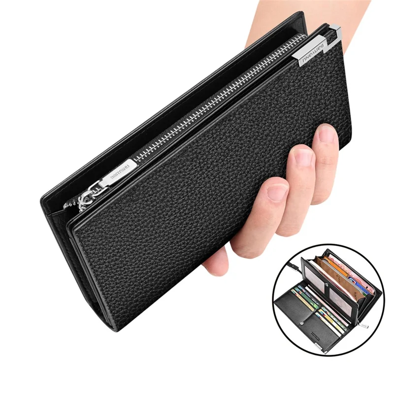 BANYANU N2045 Portefeuille / Porte-monnaie long en cuir véritable Multi-emplacements pour cartes Grande capacité Blocage RFID - Noir / Texture de litchi