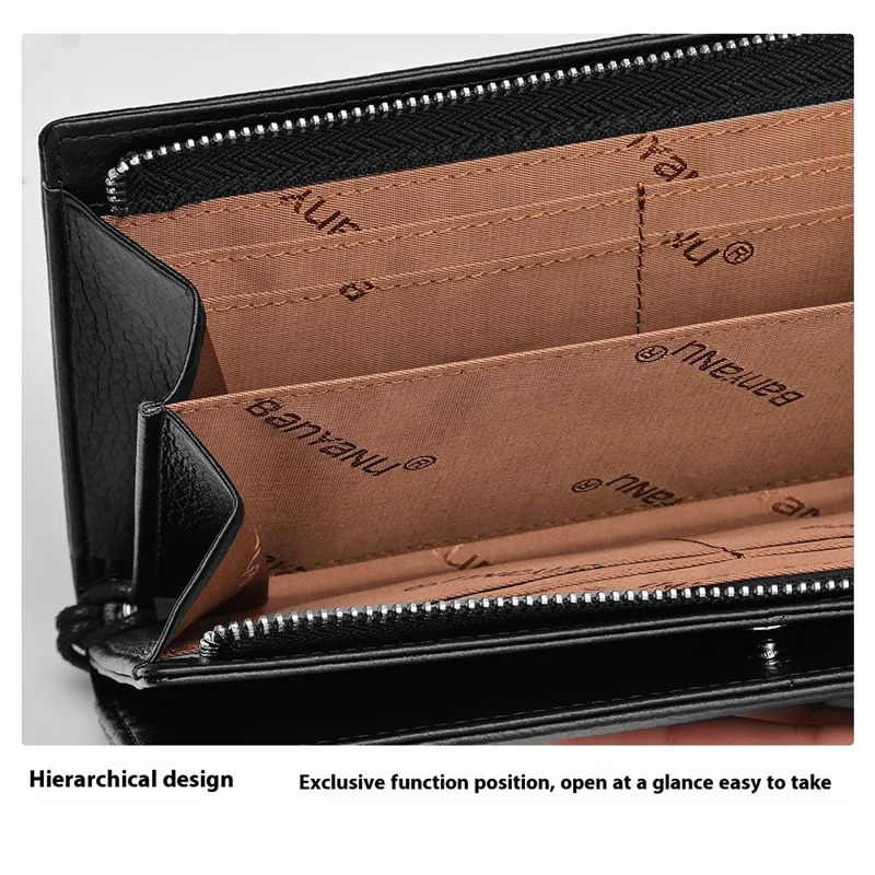 BANYANU N2045 Genuine Leather Long Wallet / Purse Multi Card Slots Large Capacity RFID Blocking - Black / Litchi Texture