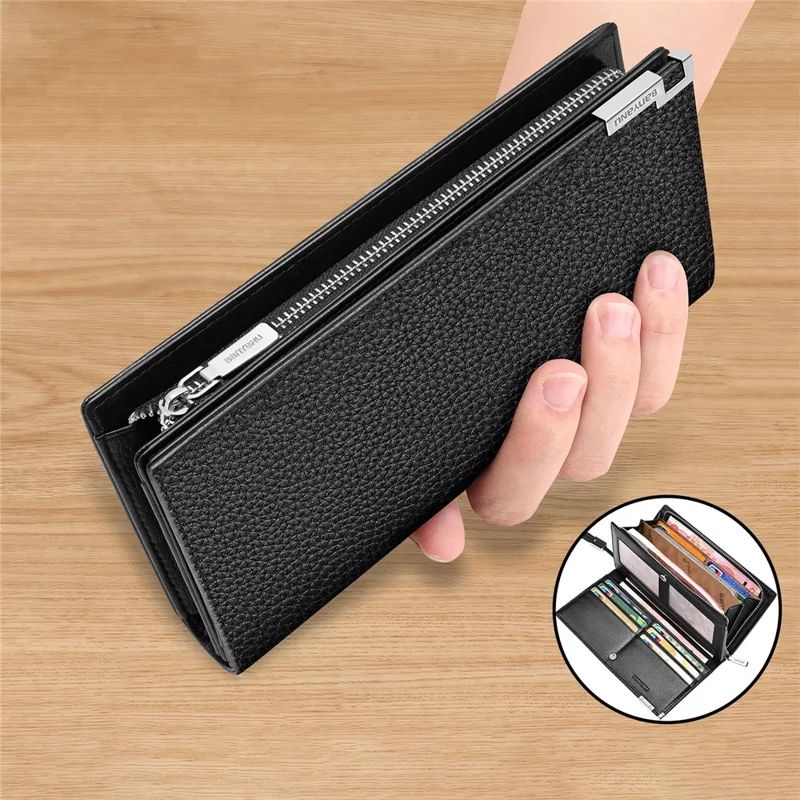 BANYANU N2045 Portefeuille / Porte-monnaie long en cuir véritable Multi-emplacements pour cartes Grande capacité Blocage RFID - Noir / Texture de litchi