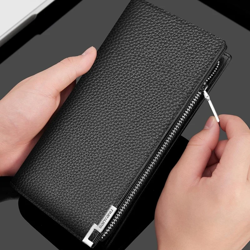 BANYANU N2045 Portefeuille / Porte-monnaie long en cuir véritable Multi-emplacements pour cartes Grande capacité Blocage RFID - Noir / Texture de litchi