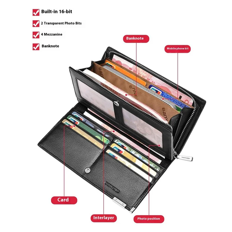 BANYANU N2045 Portefeuille / Porte-monnaie long en cuir véritable Multi-emplacements pour cartes Grande capacité Blocage RFID - Noir / Texture de litchi