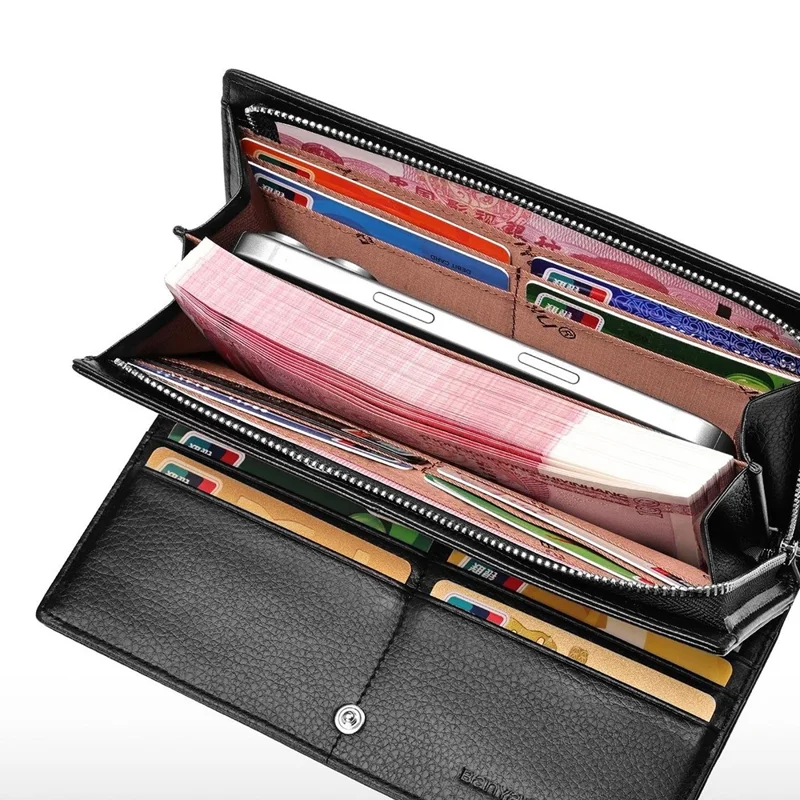 BANYANU N2045 Portefeuille / Porte-monnaie long en cuir véritable Multi-emplacements pour cartes Grande capacité Blocage RFID - Noir / Texture de litchi