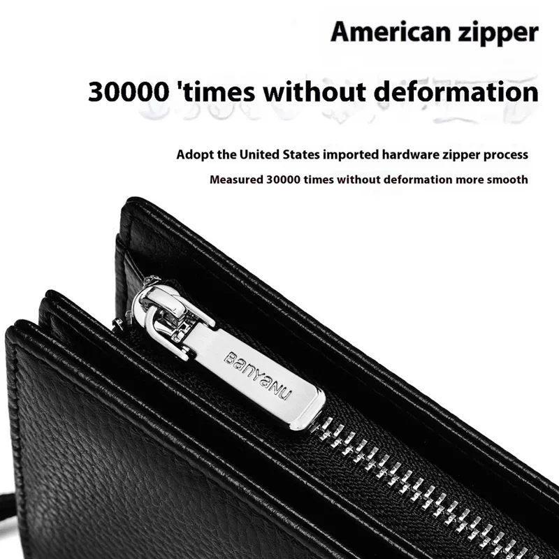 BANYANU N2045 Portefeuille / Porte-monnaie long en cuir véritable Multi-emplacements pour cartes Grande capacité Blocage RFID - Noir / Texture de litchi