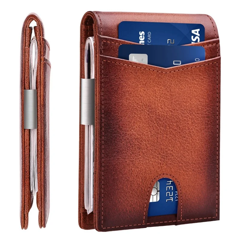 BANYANU N2039M Cartera de Cuero Auténtico para Hombre con Múltiples Compartimentos para Tarjetas, Bloqueo RFID y Pinza para Dinero - Marrón