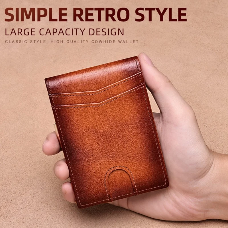 BANYANU N2039M Cartera de Cuero Auténtico para Hombre con Múltiples Compartimentos para Tarjetas, Bloqueo RFID y Pinza para Dinero - Marrón