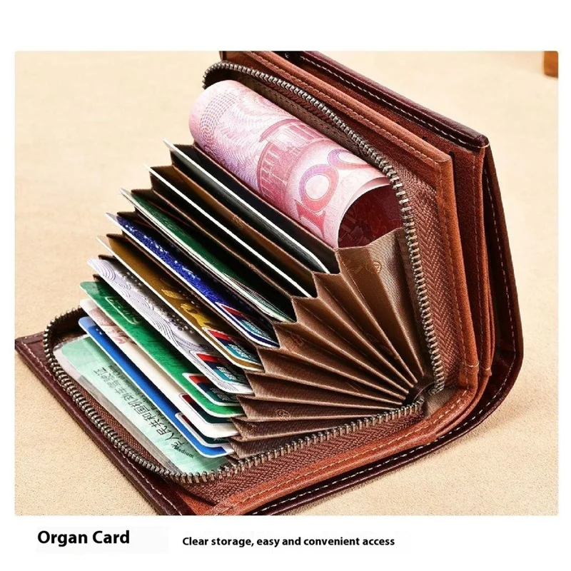 BANYANU N2048 Top Grain Cowhide Leather Wallet Large Capacity Cash Pouch with Multi Card Slots - Brown