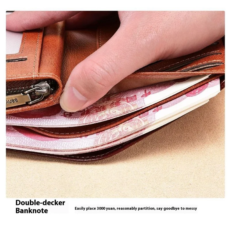 BANYANU N2048 Top Grain Cowhide Leather Wallet Large Capacity Cash Pouch with Multi Card Slots - Brown