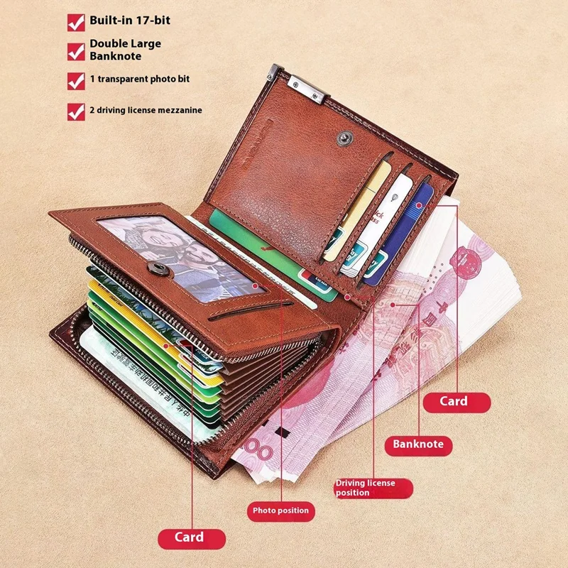 BANYANU N2048 Top Grain Cowhide Leather Wallet Large Capacity Cash Pouch with Multi Card Slots - Brown