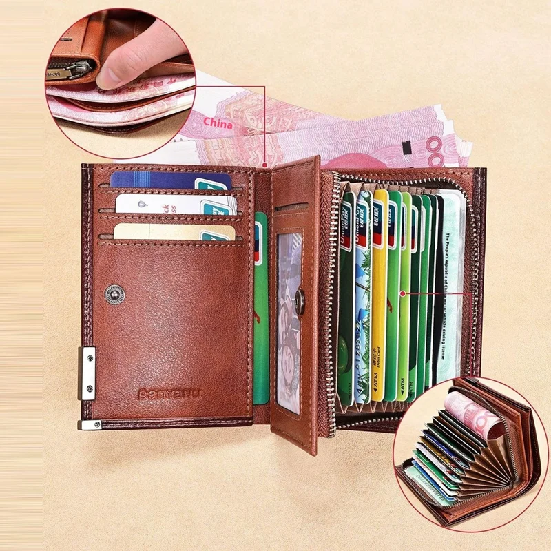 BANYANU N2048 Top Grain Cowhide Leather Wallet Large Capacity Cash Pouch with Multi Card Slots - Brown