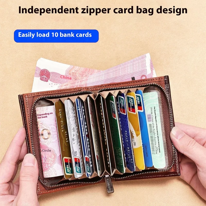 BANYANU N2048 Top Grain Cowhide Leather Wallet Large Capacity Cash Pouch with Multi Card Slots - Brown