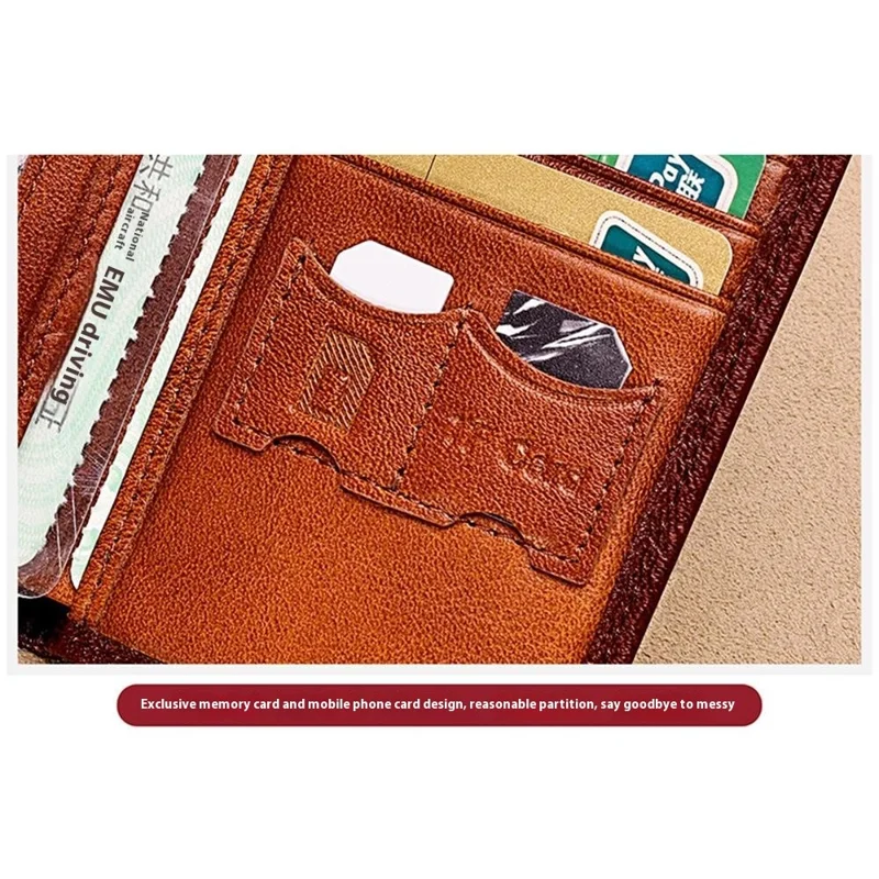 BANYANU N2038 Carteira Masculina Compacta de Couro Legítimo Dobrável com Múltiplos Compartimentos para Cartões - Marrom