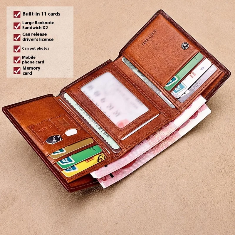 BANYANU N2038 Carteira Masculina Compacta de Couro Legítimo Dobrável com Múltiplos Compartimentos para Cartões - Marrom