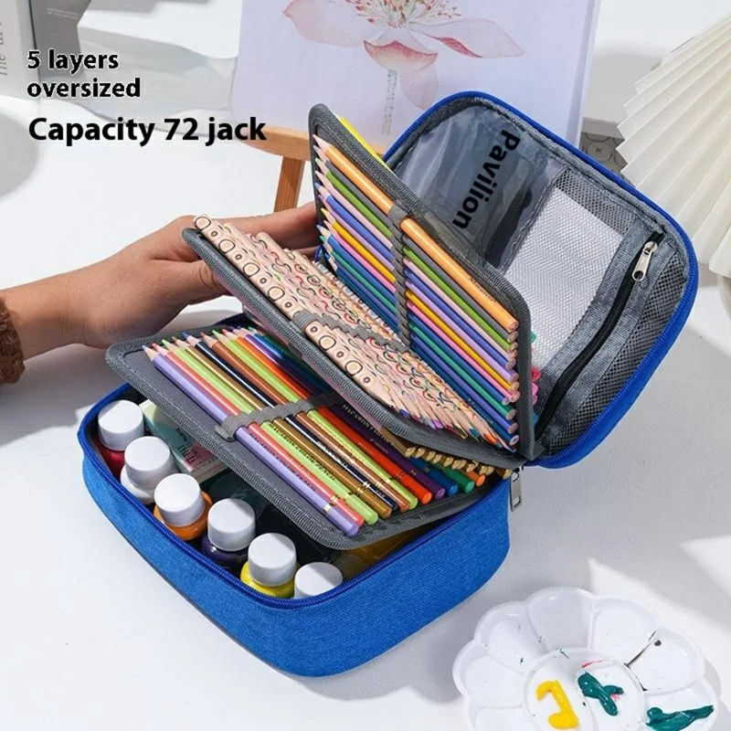 Colored Pencils Stationery Case 72 Slots Drawing Art Supplies Organizer Storage Bag with Handle - Purple