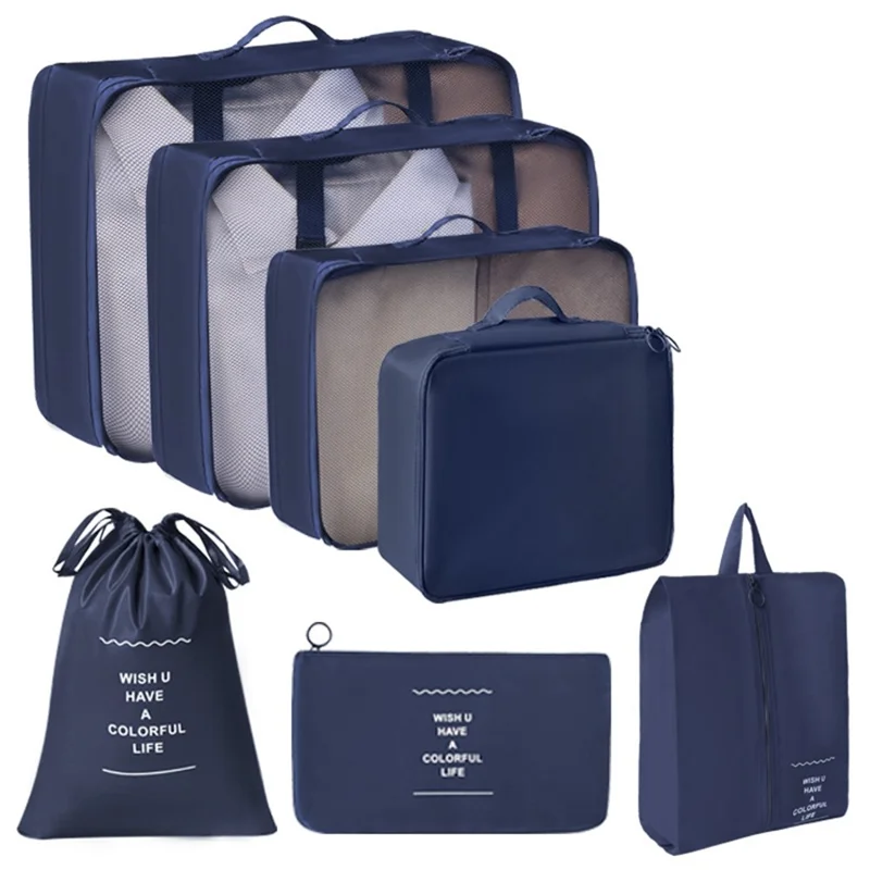 7Pcs / Set Portable Travel Business Trips Organizer Foldable Multi-Function Clothes Shoes Storage Bags - Navy Blue