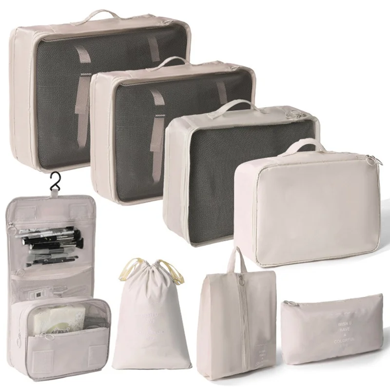 8Pcs / Set Portable Travel Business Trips Organizer Foldable Clothes Shoes Toiletry Storage Bags - Beige