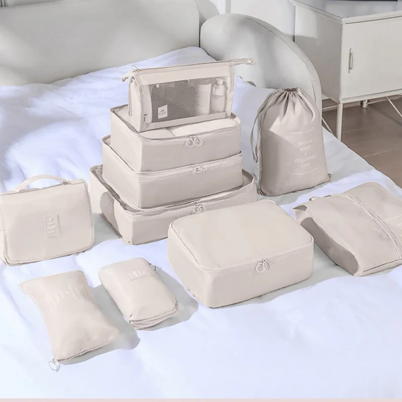 9Pcs / Set Portable Travel Business Trips Organizer Foldable Clothes Shoes Toiletry Cosmetic Storage Bags - Beige