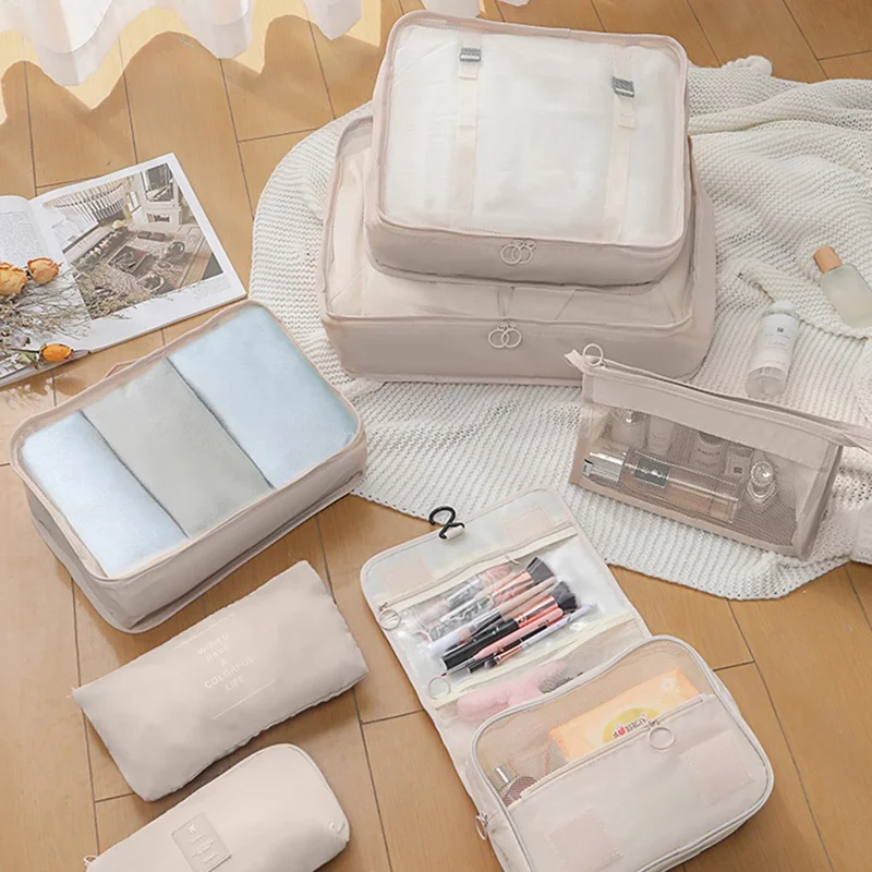 9Pcs / Set Portable Travel Business Trips Organizer Foldable Clothes Shoes Toiletry Cosmetic Storage Bags - Beige