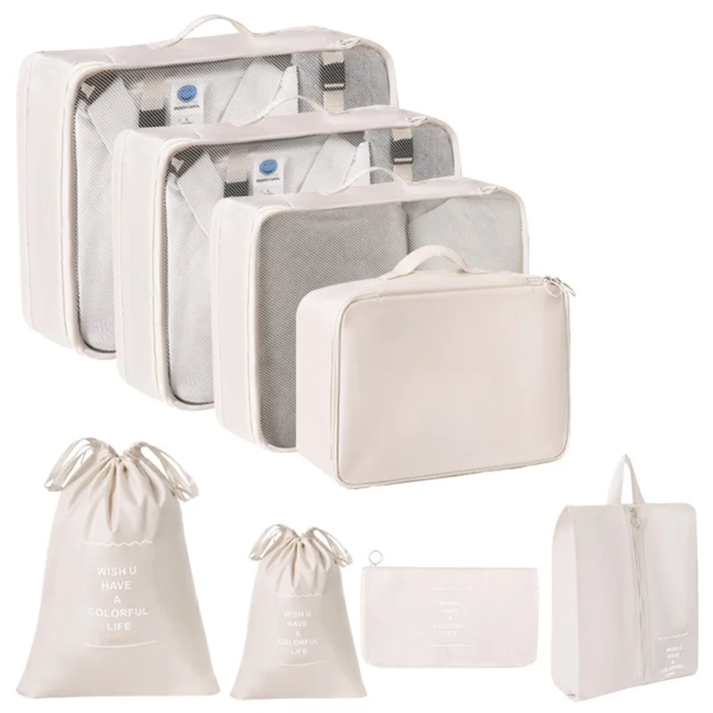 8 Pezzi / Set Organizer Pieghevole per Viaggi e Trasferte di Lavoro - Borse Portaabiti, Scarpe e Biancheria Intima - Beige