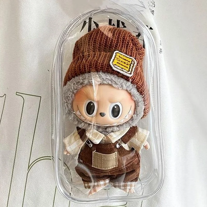 Sac transparent en PVC avec porte-clés pour figurines en peluche Labubu, pochette de rangement portable et anti-poussière - Transparent