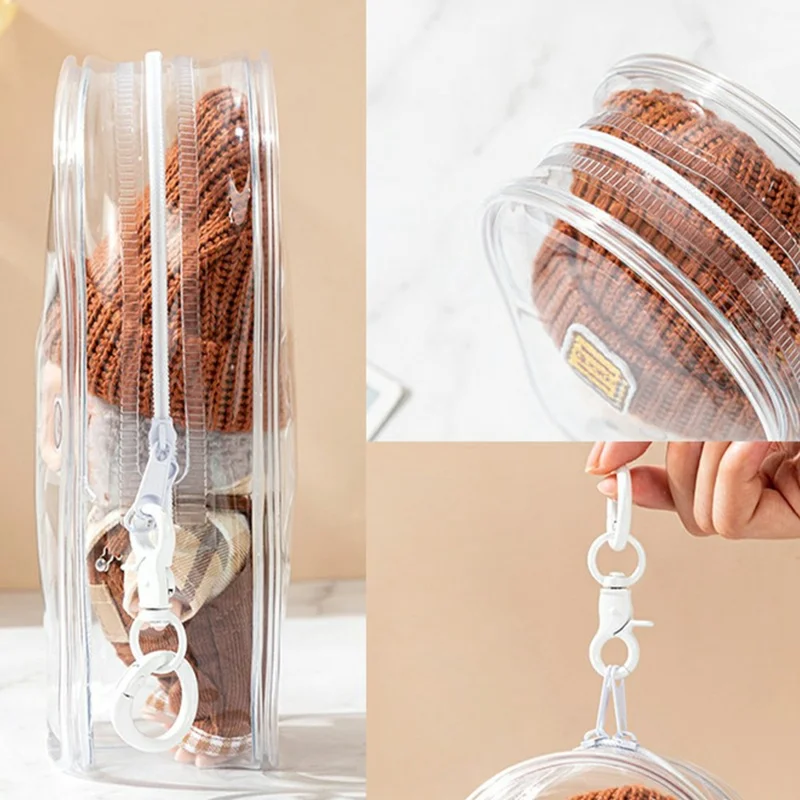 Sac transparent en PVC avec porte-clés pour figurines en peluche Labubu, pochette de rangement portable et anti-poussière - Transparent
