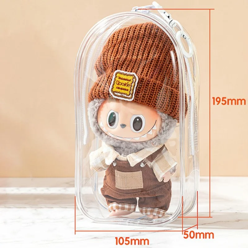 Sac transparent en PVC avec porte-clés pour figurines en peluche Labubu, pochette de rangement portable et anti-poussière - Transparent