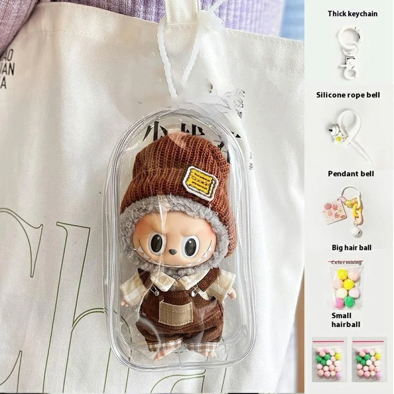 Sac transparent en PVC avec porte-clés pour figurines en peluche Labubu, pochette de rangement portable et anti-poussière - Transparent