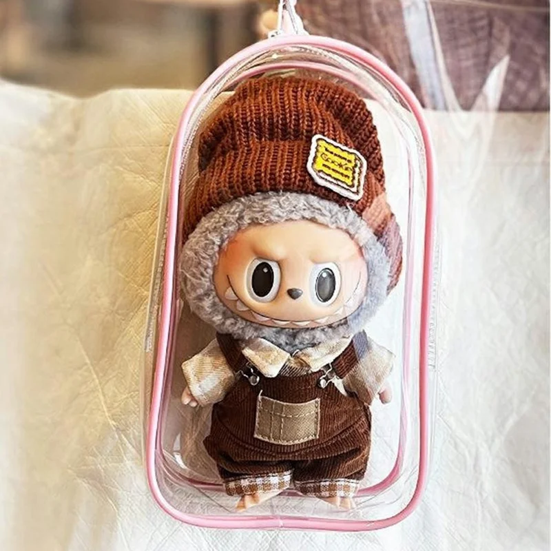 Clear PVC Bag with Keychain for Labubu Plush Toy Figurines Display Dustproof Portable Storage Bag - Peach Pink