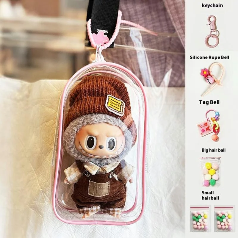 Clear PVC Bag with Keychain for Labubu Plush Toy Figurines Display Dustproof Portable Storage Bag - Peach Pink