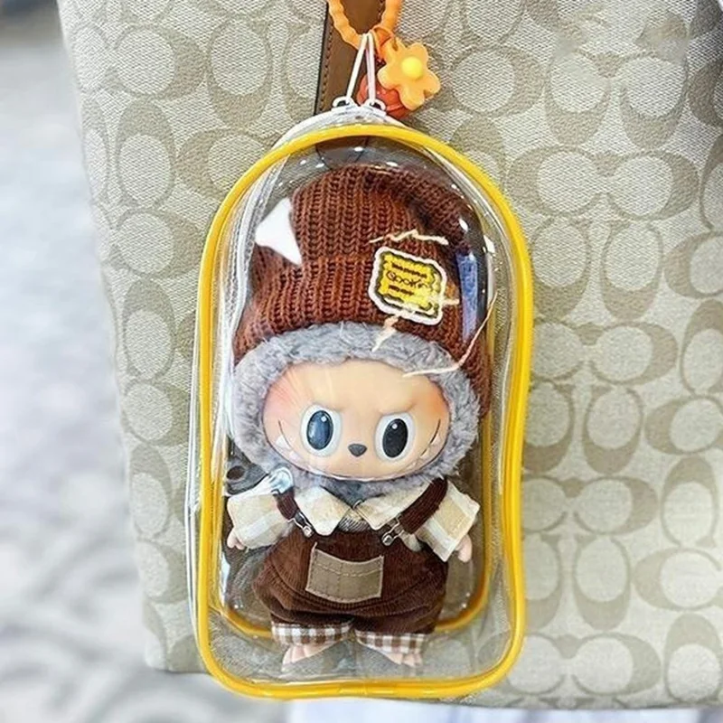 Clear PVC Bag with Keychain for Labubu Plush Toy Figurines Display Dustproof Portable Storage Bag - Yellow