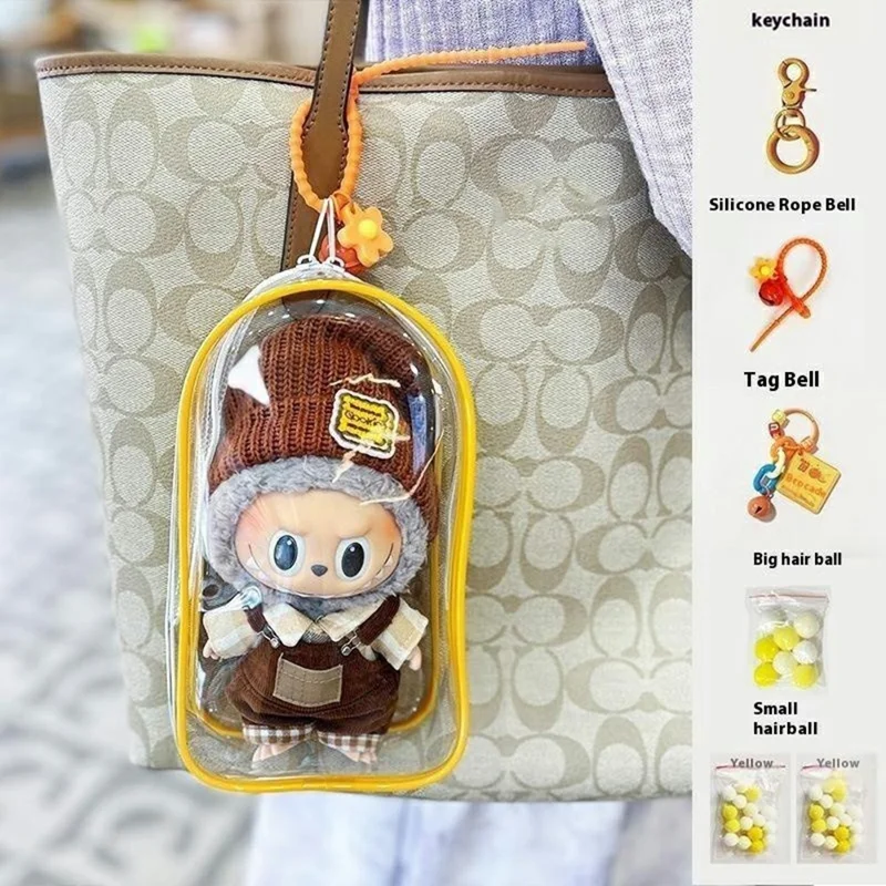 Clear PVC Bag with Keychain for Labubu Plush Toy Figurines Display Dustproof Portable Storage Bag - Yellow