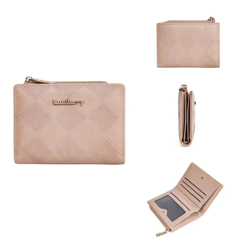 BAELLERRY N5115 Carteira Compacta de Couro PU com Design de Losango, Zíper e Clipe de Dinheiro - Rosa Escuro