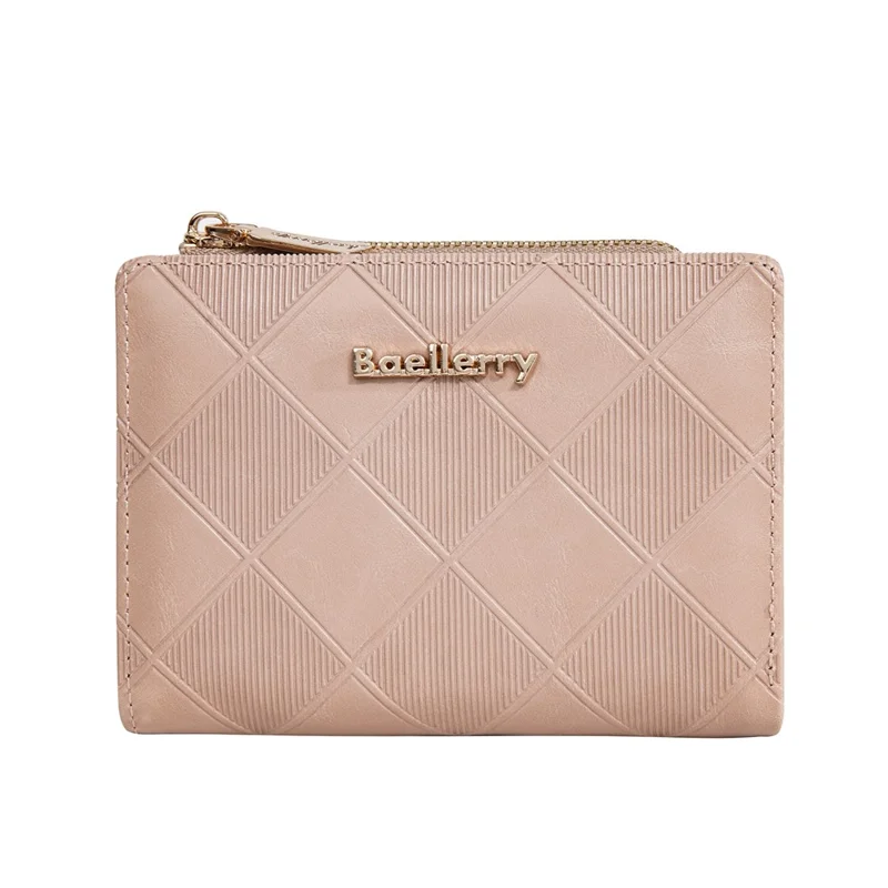 BAELLERRY N5115 Carteira Compacta de Couro PU com Design de Losango, Zíper e Clipe de Dinheiro - Rosa Escuro