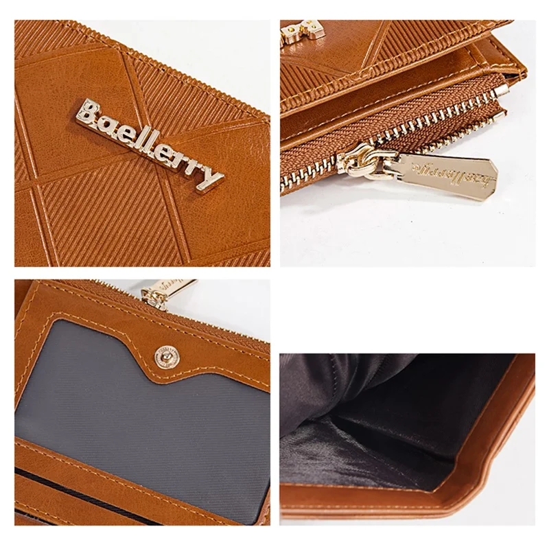 BAELLERRY N5115 Carteira Compacta de Couro PU com Design de Losango, Zíper e Clipe de Dinheiro - Rosa Escuro