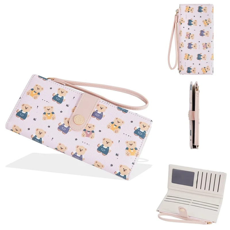 BAELLERRY N5588 Women's Slim Zipper Wallet Cute Bear Design PU Leather Long Purse Multi-Card Bag - Pink