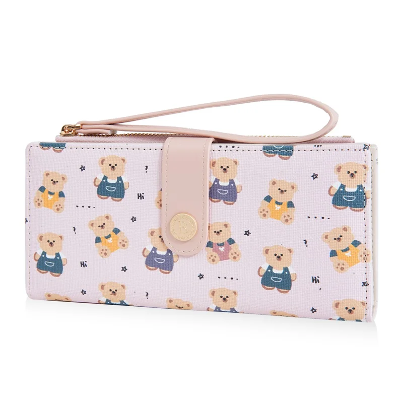BAELLERRY N5588 Women's Slim Zipper Wallet Cute Bear Design PU Leather Long Purse Multi-Card Bag - Pink
