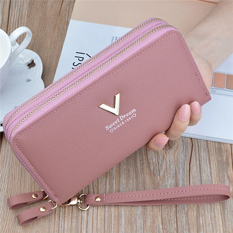 Y-7001 PU Leather Women Long Purse Dual Layer Zipper Clutch Cellphone Wallet - Pink