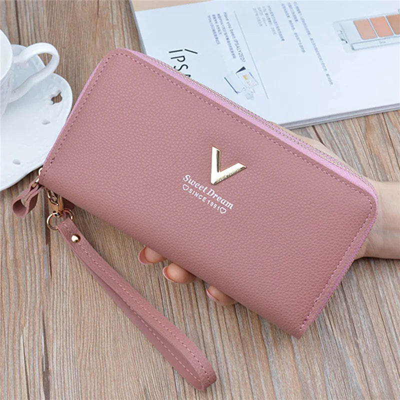 Y-7001 PU Leather Women Long Purse Dual Layer Zipper Clutch Cellphone Wallet - Pink