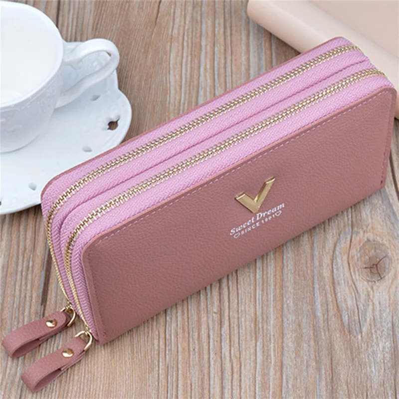 Y-7001 PU Leather Women Long Purse Dual Layer Zipper Clutch Cellphone Wallet - Pink