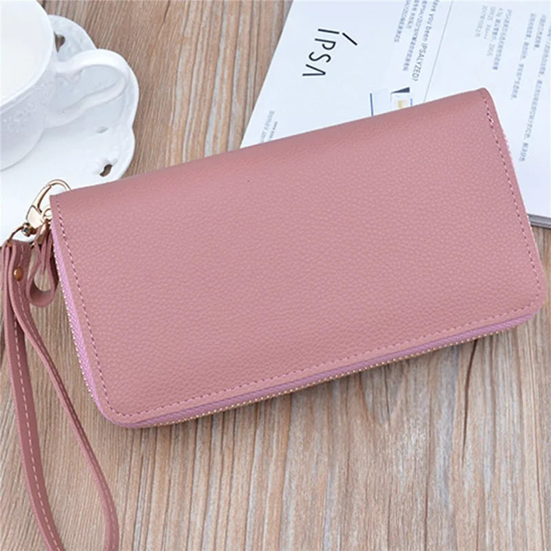 Y-7001 PU Leather Women Long Purse Dual Layer Zipper Clutch Cellphone Wallet - Pink