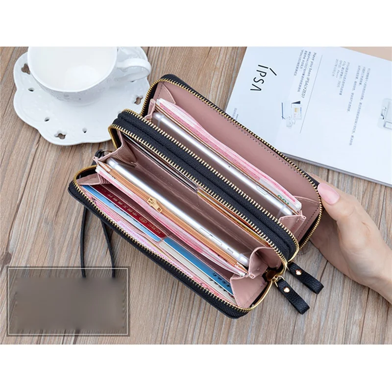 Y-7001 PU Leather Women Long Purse Dual Layer Zipper Clutch Cellphone Wallet - Pink