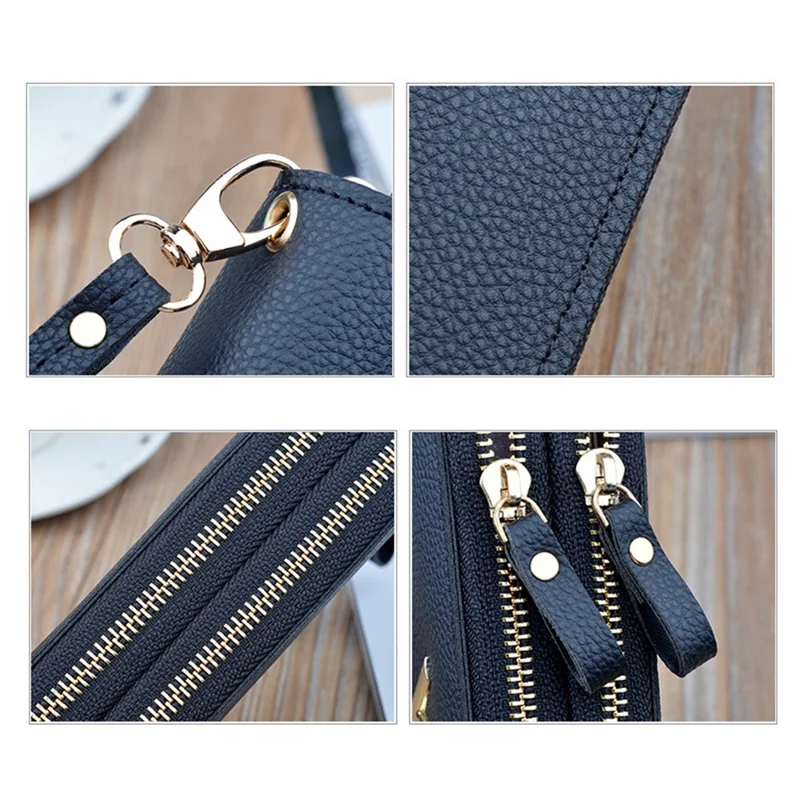 Y-7001 PU Leather Women Long Purse Dual Layer Zipper Clutch Cellphone Wallet - Pink