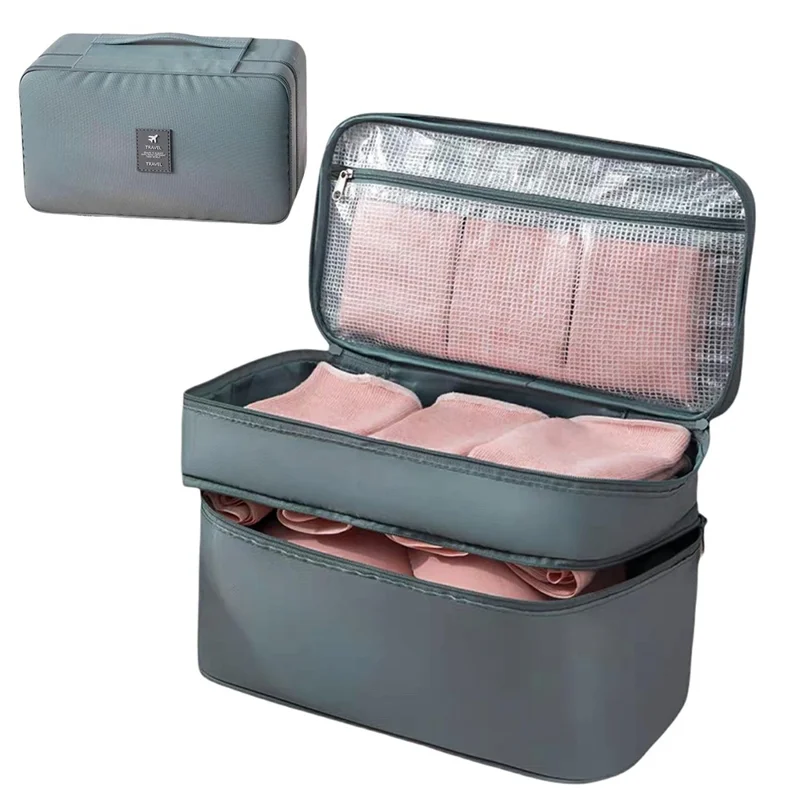 Dual Layer Travel Underwear Storage Bag Waterproof Portable Bra Organizer with Handle - Grey