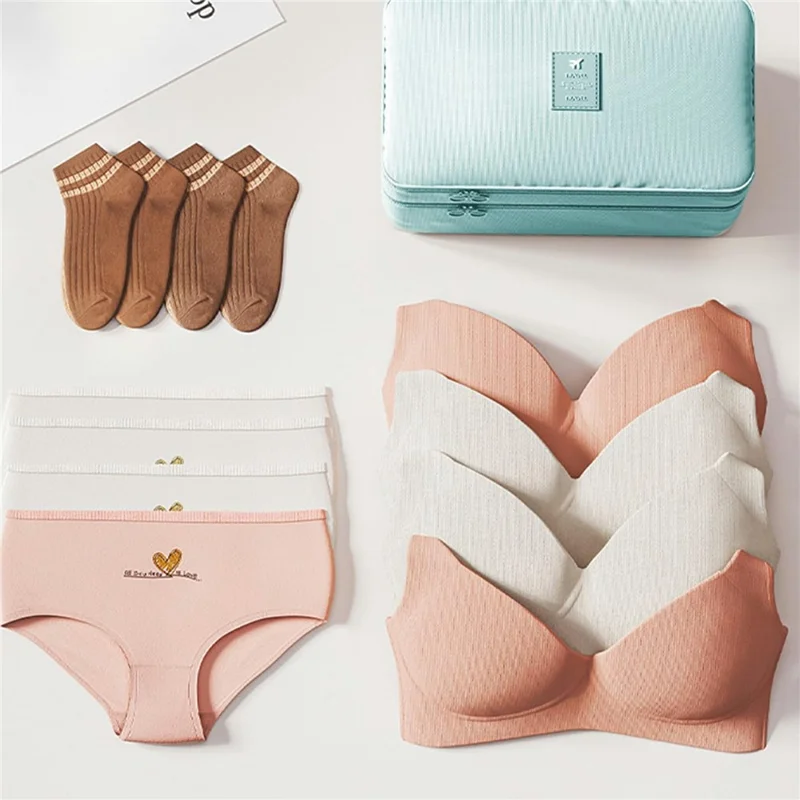 Bolsa de Viaje de Doble Capa para Ropa Interior con Organizador de Sujetadores, Impermeable y Portátil con Asa - Beige