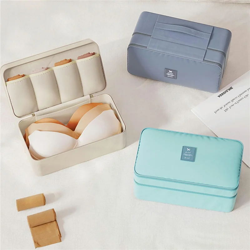 Bolsa de Viaje de Doble Capa para Ropa Interior con Organizador de Sujetadores, Impermeable y Portátil con Asa - Beige